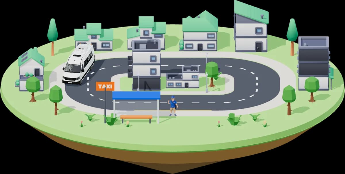 A minibus taxi driving around a small cartoon town, with a passenger waiting at the taxi rank